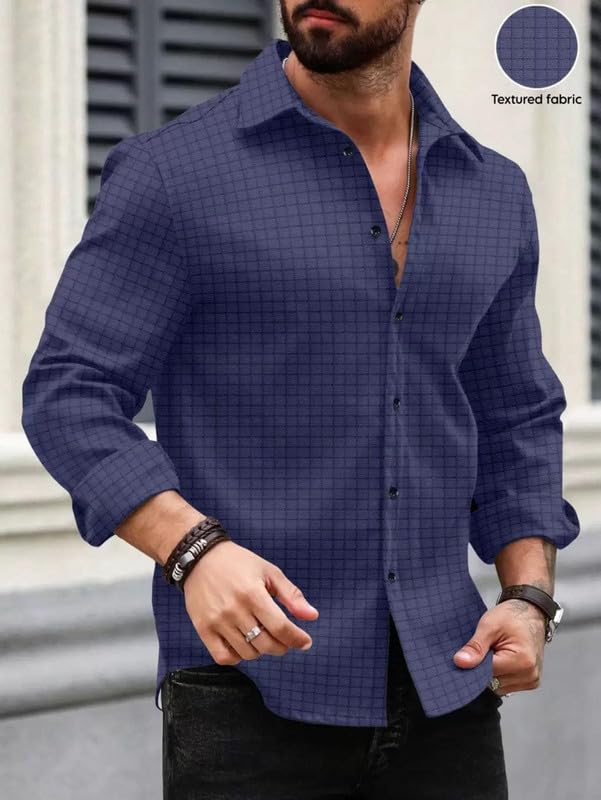 DEELMO Men's Regular Fit Button Down Dress Shirts Textured Long Sleeve Casual Hawaiian Shirt