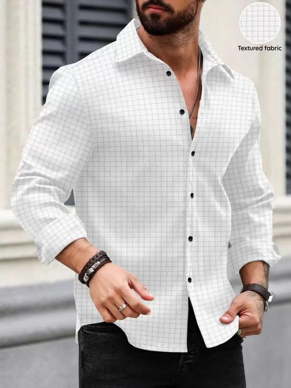 DEELMO Men's Regular Fit Button Down Dress Shirts Textured Long Sleeve Casual Hawaiian Shirt
