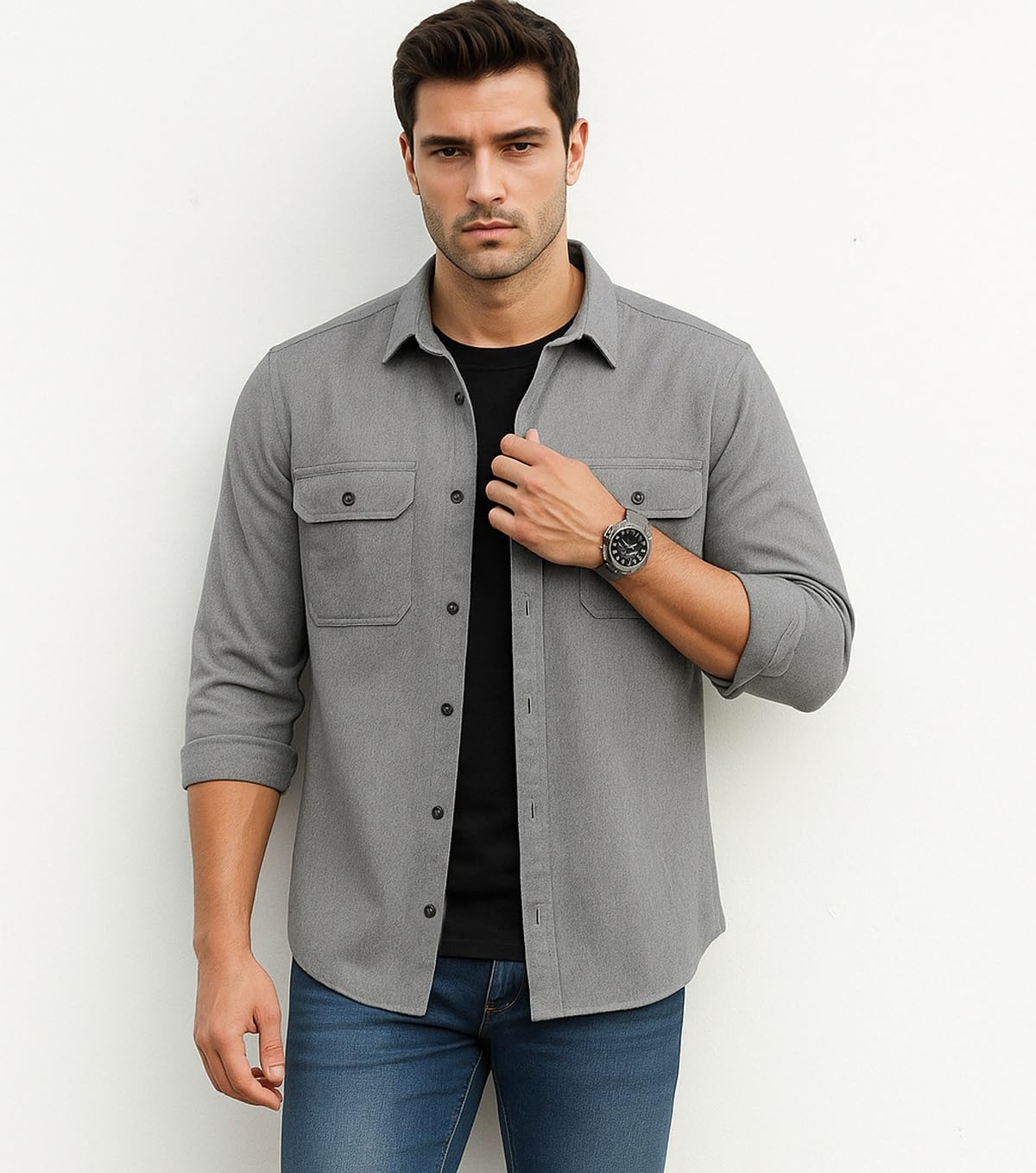 DEELMO Men’s Stylish Cotton Blend Casual Shirt || Full Sleeve Button-Down Shirt with Dual Flap Pockets || Comfortable Breathable Fabric || Perfect for Casual Office and Outing Wear