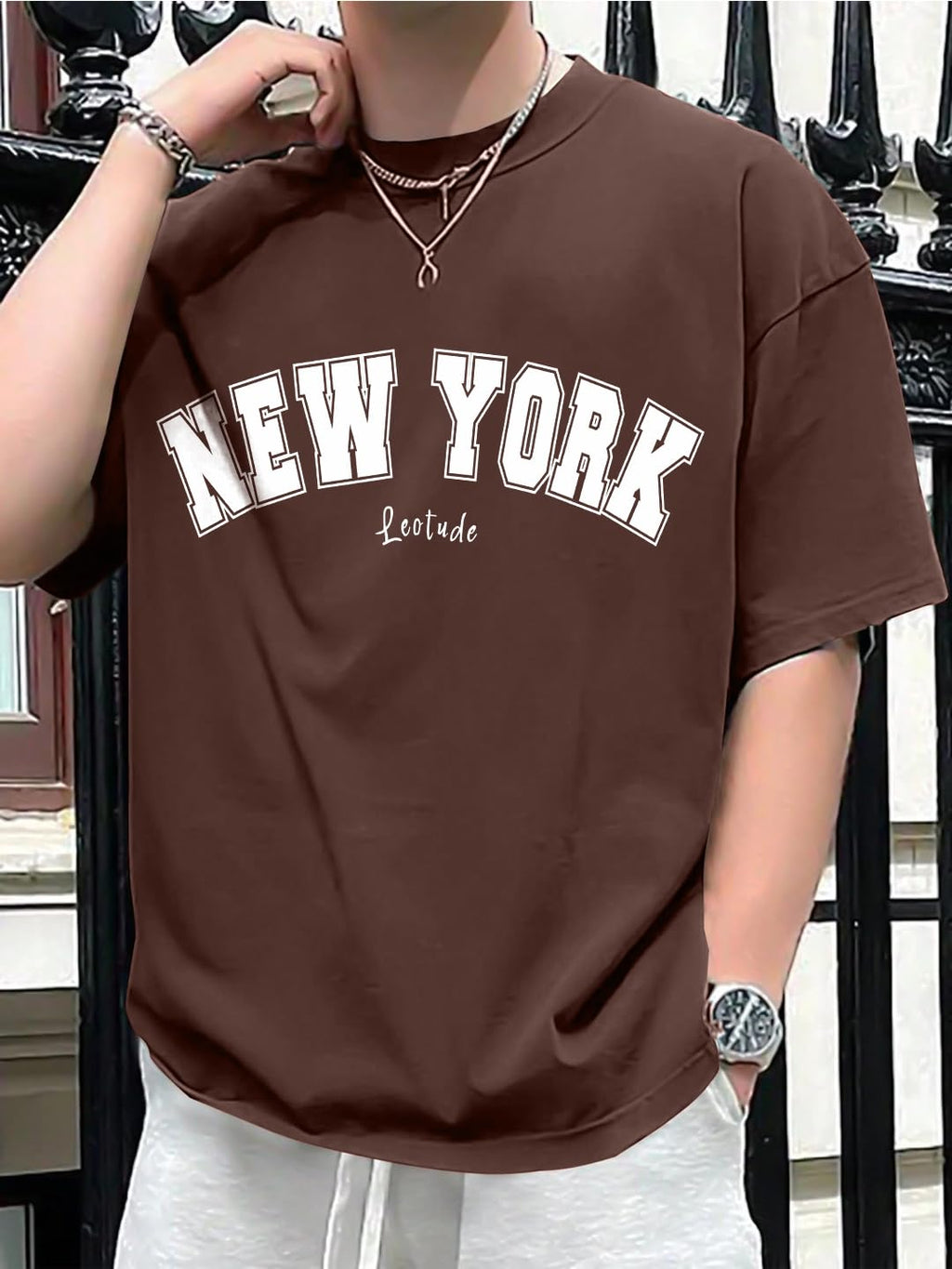 LEOTUDE Men's Half Sleeve Round Neck Cottonblend Graphic Print Oversized Tshirt for Man