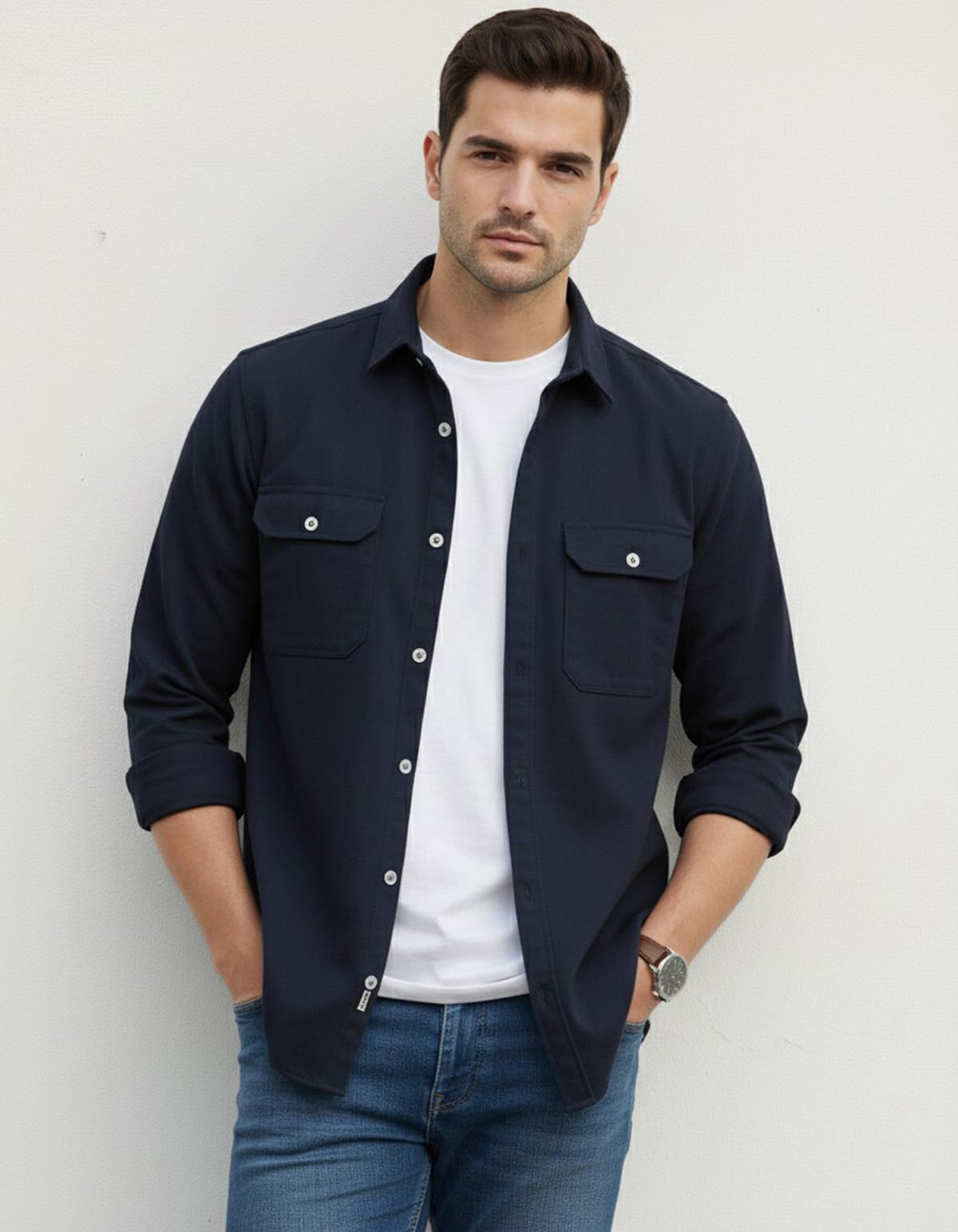 DEELMO Men’s Stylish Cotton Blend Casual Shirt || Full Sleeve Button-Down Shirt with Dual Flap Pockets || Comfortable Breathable Fabric || Perfect for Casual Office and Outing Wear