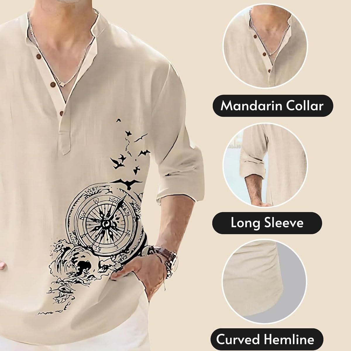 DEELMO Men's Cotton Blend Mandarin Collar Self One Design Full Sleeve Casual Short Kurta