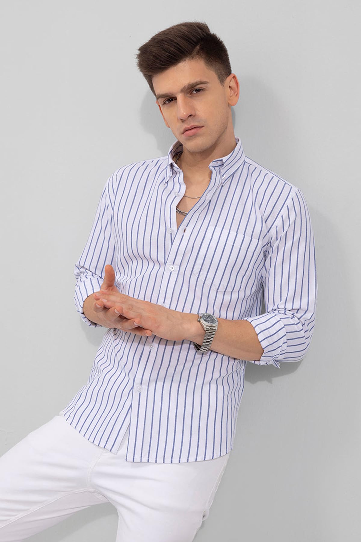 U TURN Men's Casual Printed Striped Stylish Latest Formal Shirt for Men
