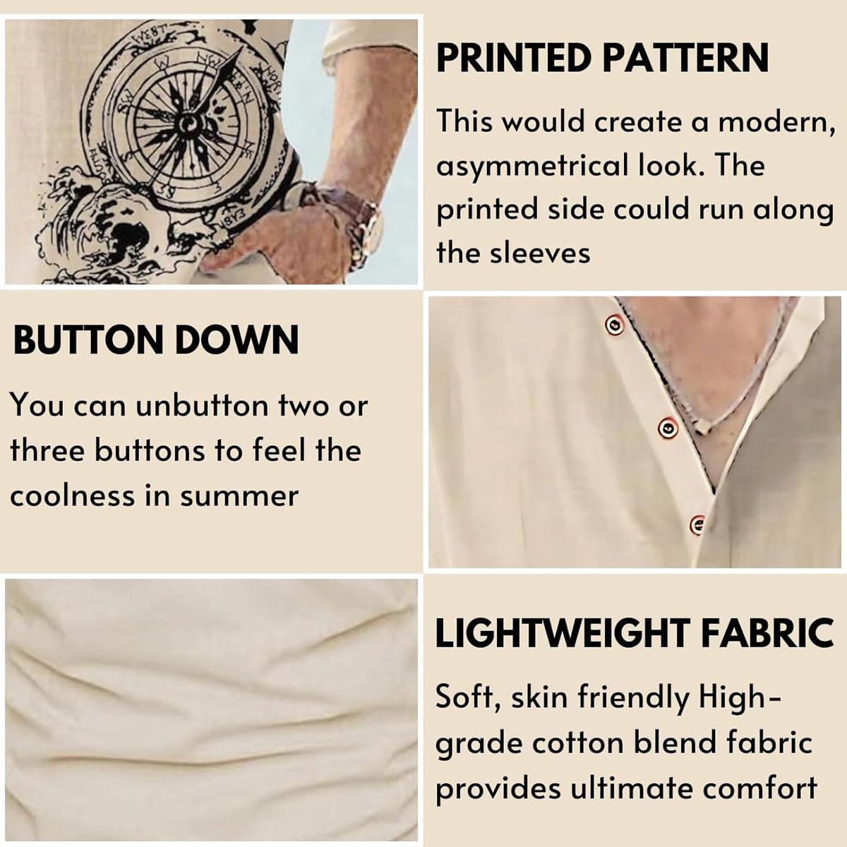 DEELMO Men's Cotton Blend Mandarin Collar Self One Design Full Sleeve Casual Short Kurta